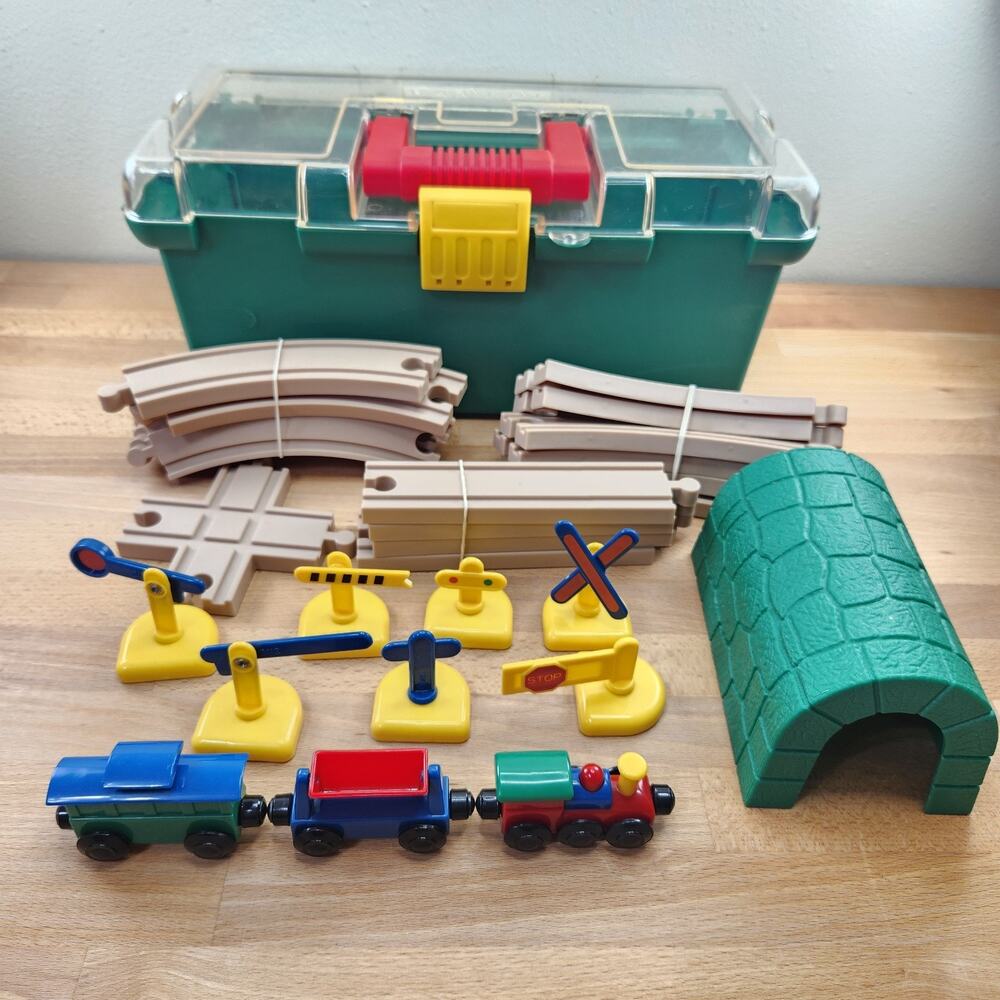Battat Traxx Trains and Tracks- 28 Piece Travel Train Set With Case Tunnel Signs